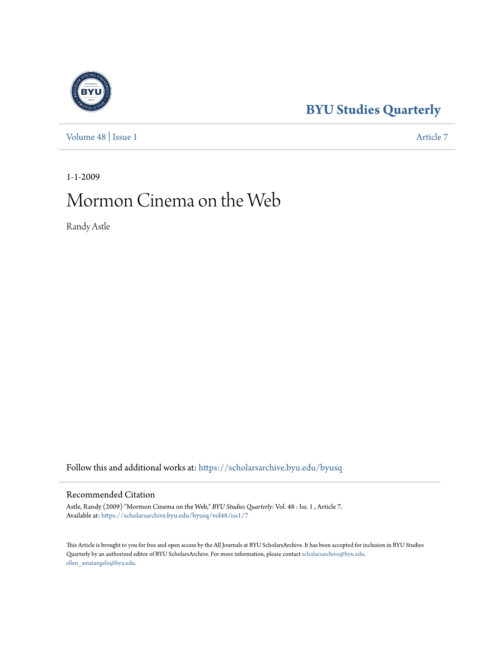 Mormon Cinema on the Web Randy Astle