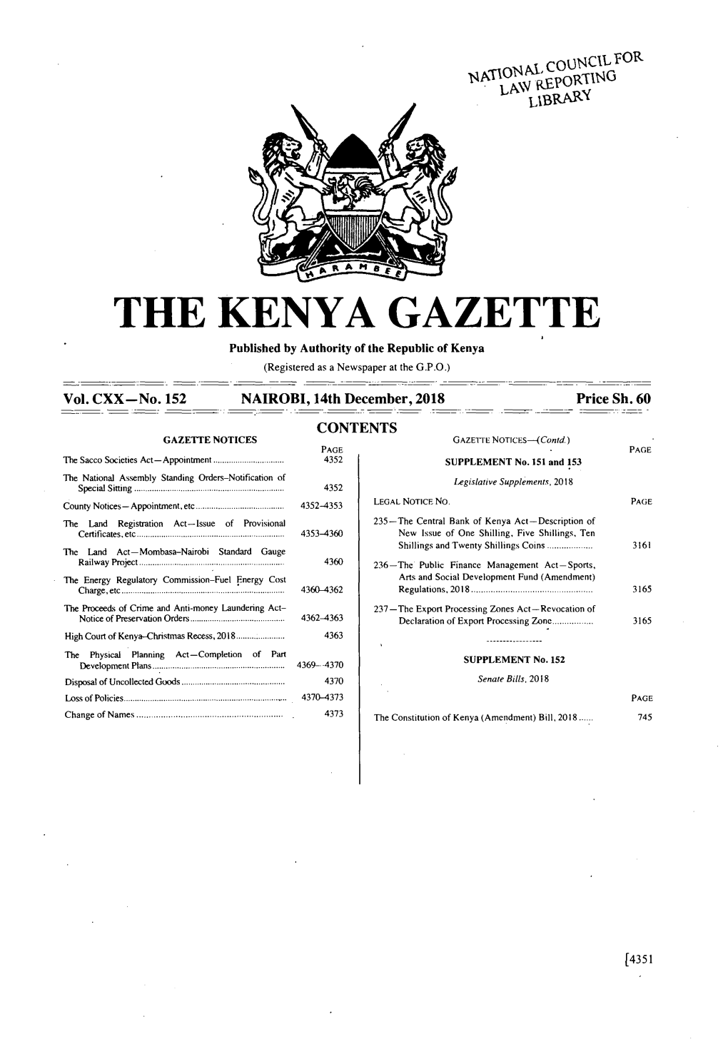 THE KENYA GAZET,TE Published by Authority of the Republic of Kenya (Registered As a Newspaper at the G.P.O.)