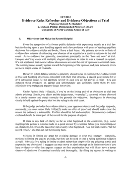 Evidence Rules Refresher and Evidence Objections at Trial Professor Robert P
