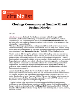 Closings Commence at Quadro Miami Design District