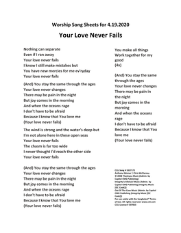 Worship Song Sheets for 4.19.2020 Your Love Never Fails