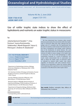 Use of Rotifer Trophic State Indices to Show the E Ect of Hydrobionts and Nutrients on Water Trophic Status in Mesocosms