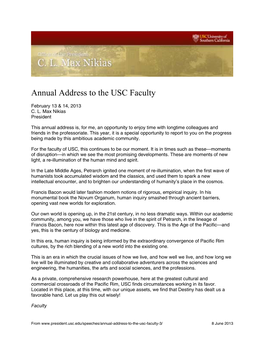 Annual Address to the USC Faculty, February 13-14, 2013