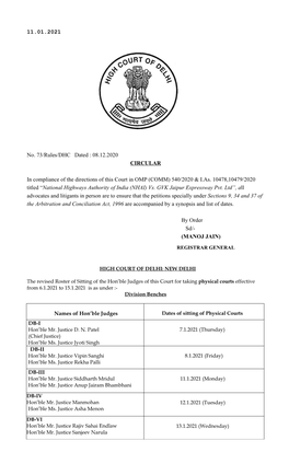 11.01.2021 No. 73/Rules/DHC Dated : 08.12.2020 CIRCULAR in Compliance of the Directions of This Court in OMP (COMM) 540/202