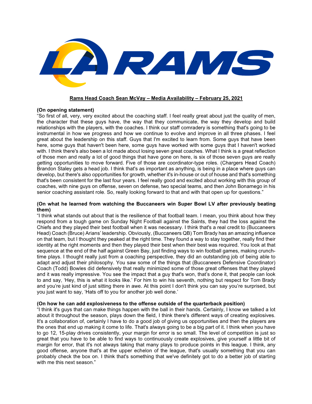 Rams Head Coach Sean Mcvay – Media Availability – February 25, 2021
