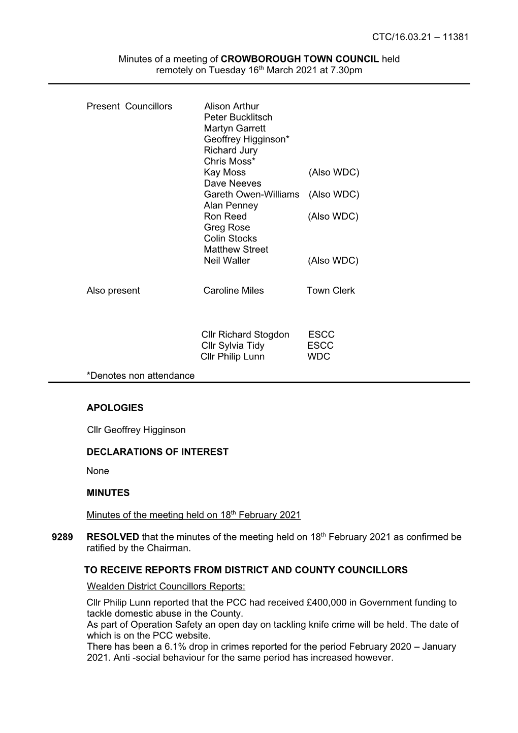 CTC/16.03.21 – 11381 Minutes of a Meeting of CROWBOROUGH