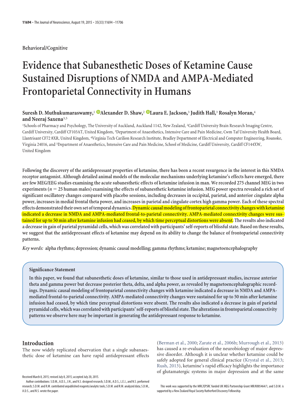 Evidence That Subanesthetic Doses of Ketamine Cause Sustained Disruptions of NMDA and AMPA-Mediated Frontoparietal Connectivity in Humans