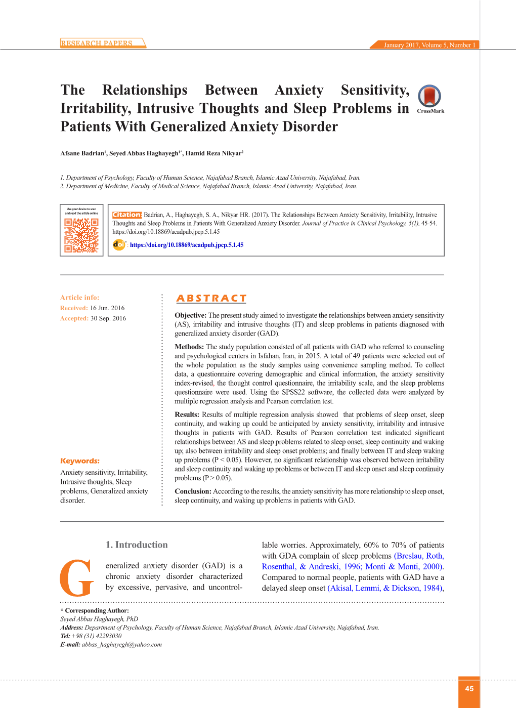 The Relationships Between Anxiety Sensitivity, Irritability, Intrusive Thoughts and Sleep Problems in Patients with Generalized Anxiety Disorder