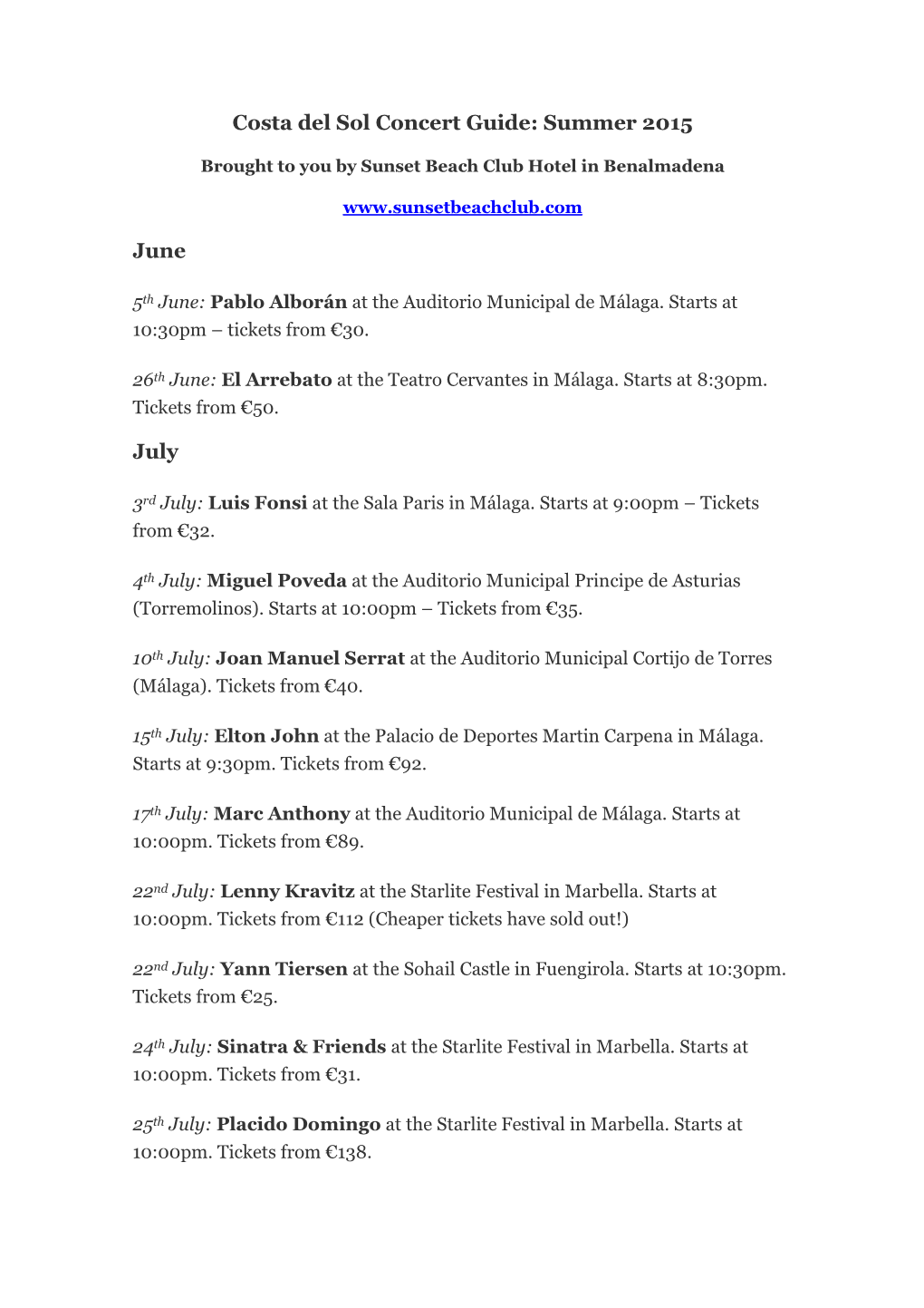 Costa Del Sol Concert Guide: Summer 2015