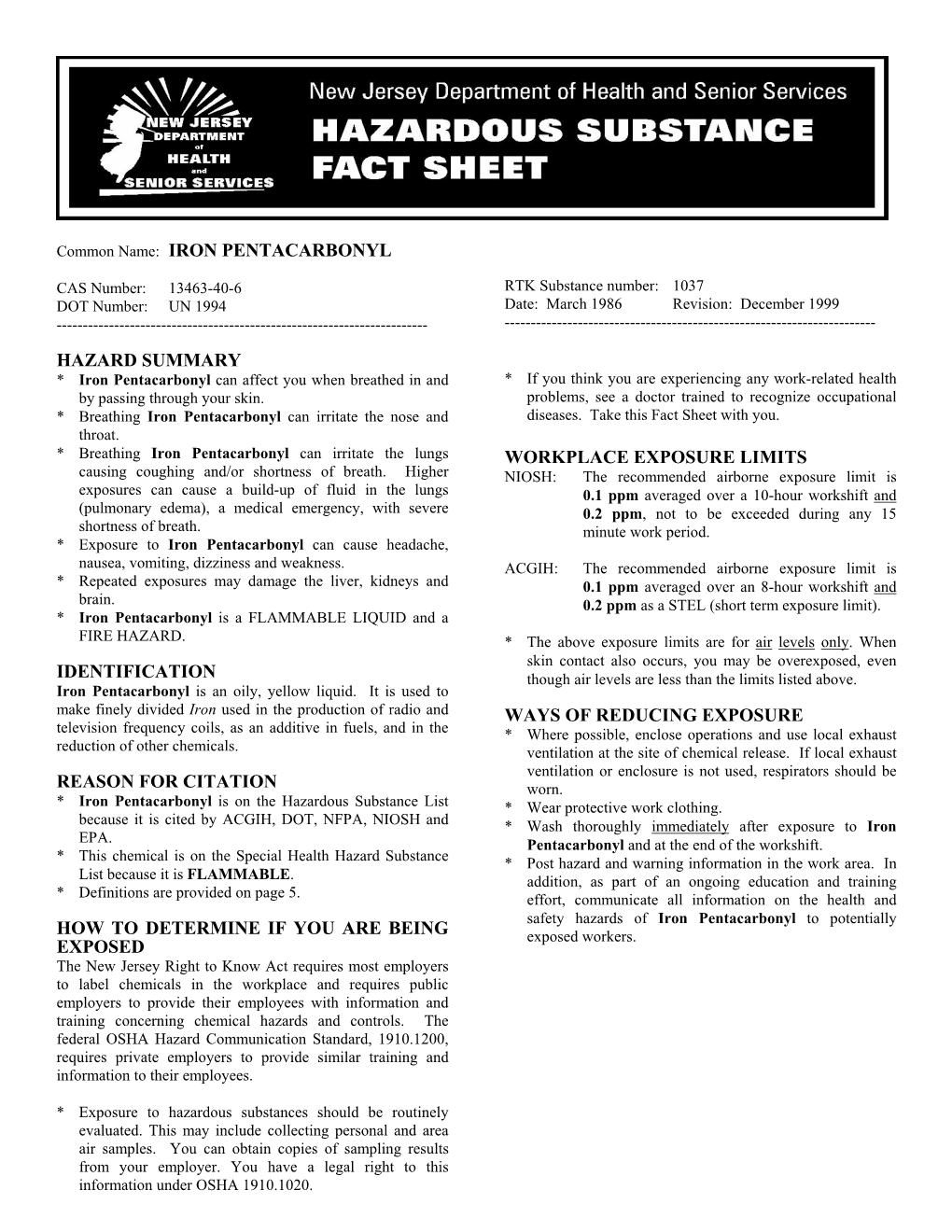 Iron Pentacarbonyl Hazard Summary Identification