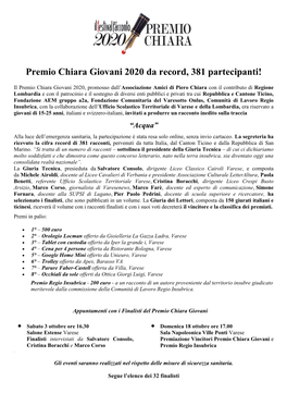 Premio Chiara Giovani 2020 Da Record, 381 Partecipanti!