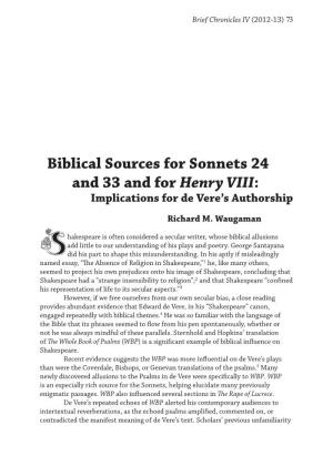 Biblical Sources for Sonnets 24 and 33 and for Henry VIII: Implications for De Vere’S Authorship