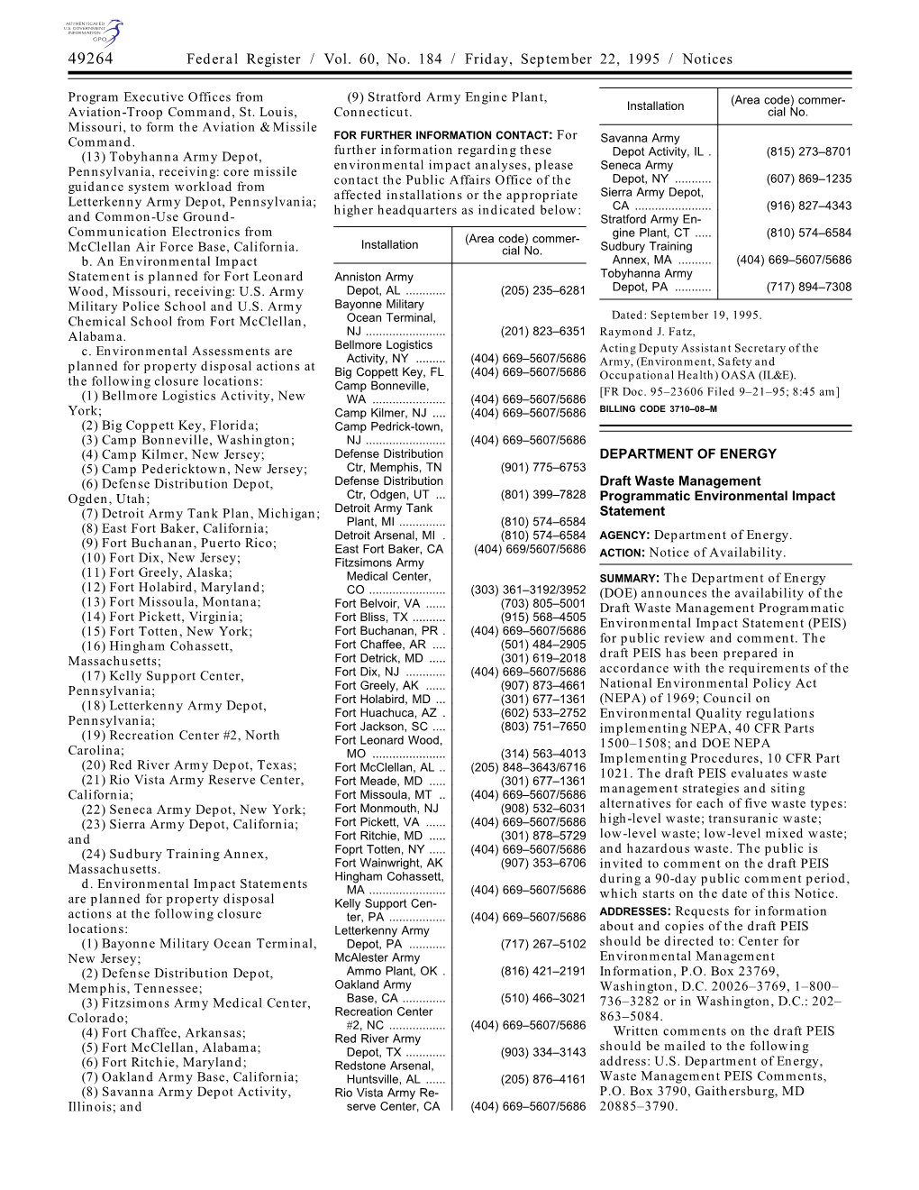 Federal Register / Vol. 60, No. 184 / Friday, September 22, 1995 / Notices