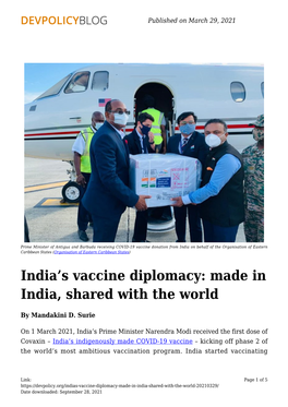 India's Vaccine Diplomacy: Made in India, Shared with the World