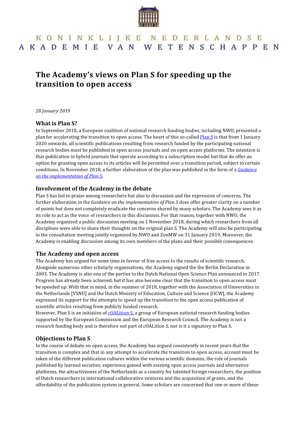 The Academy's Views on Plan S for Speeding up the Transition to Open