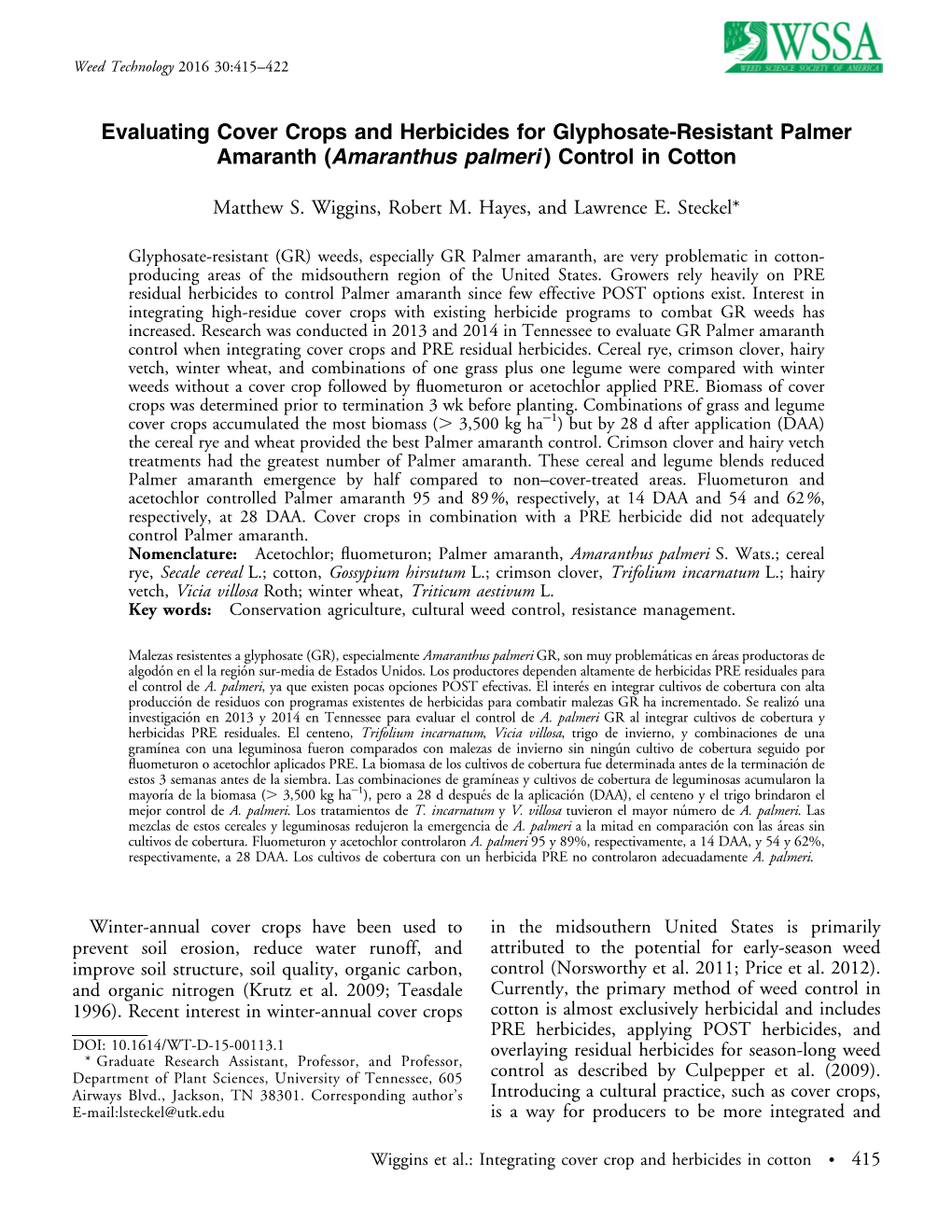 Evaluating Cover Crops and Herbicides for Glyphosate-Resistant Palmer Amaranth (Amaranthus Palmeri) Control in Cotton