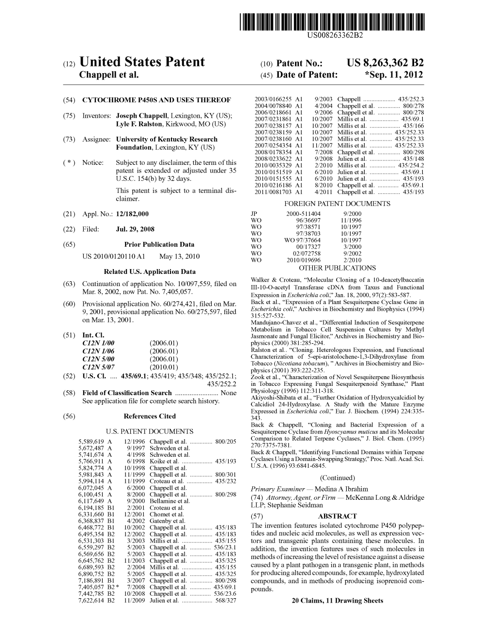 (12) United States Patent (10) Patent No.: US 8.263,362 B2 Chappell Et Al