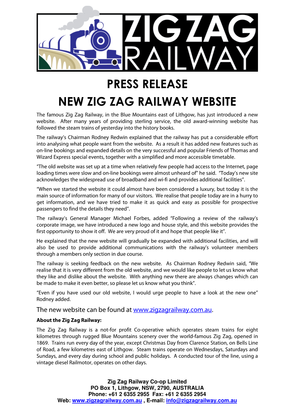 Press Release New Zig Zag Railway Website