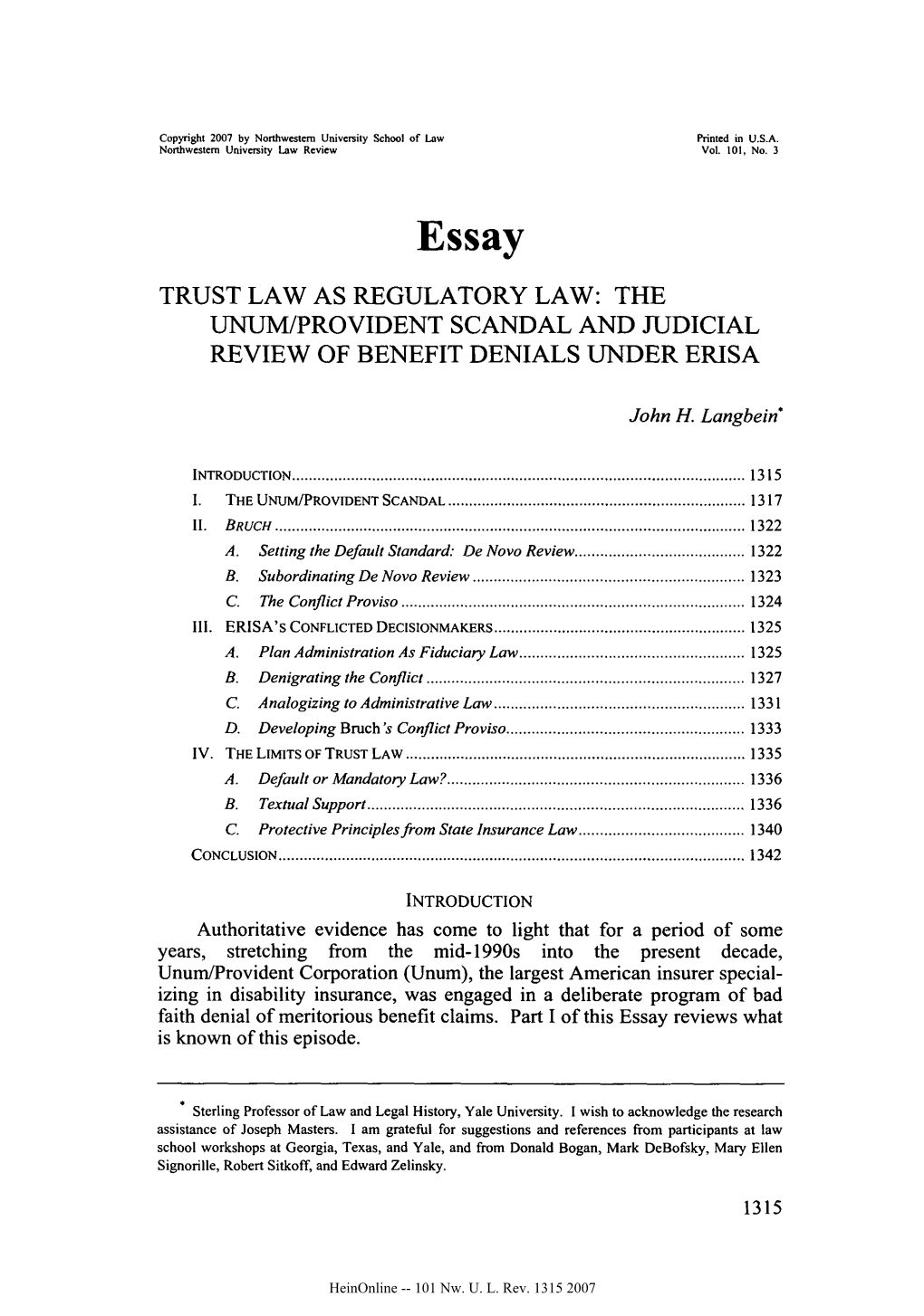 Trust Law As Regulatory Law: the Unum/Provident Scandal and Judicial Review of Benefit Denials Under Erisa