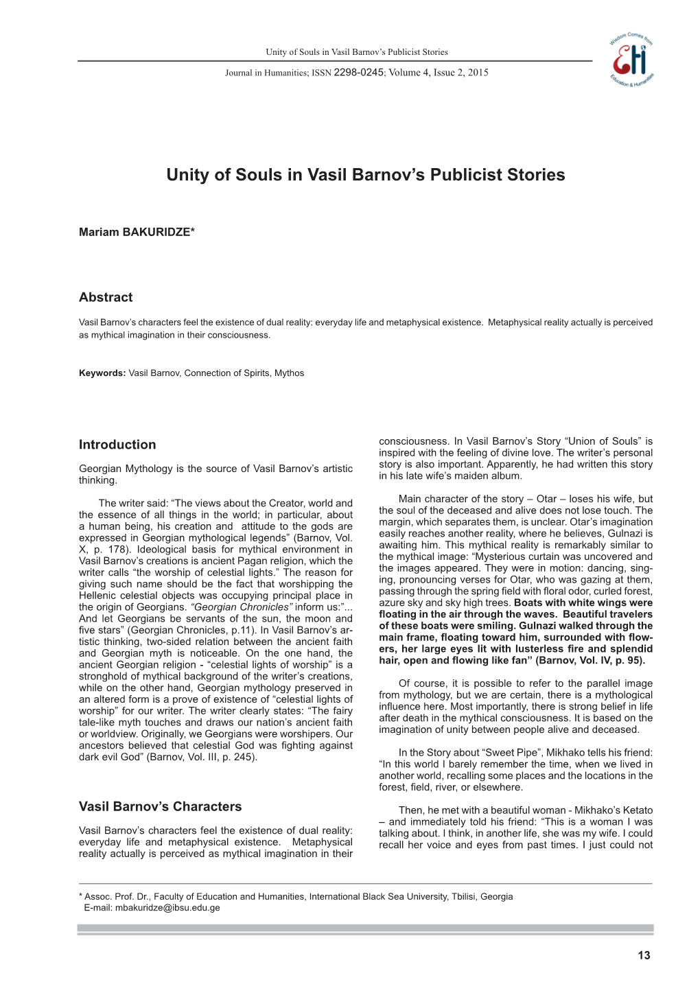 Unity of Souls in Vasil Barnov's Publicist Stories