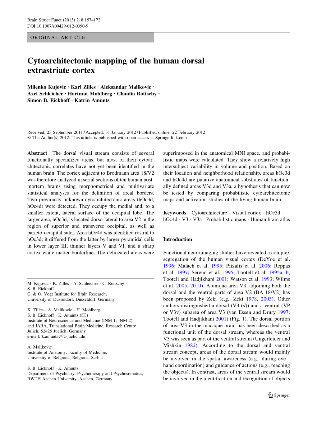 Cytoarchitectonic Mapping of the Human Dorsal Extrastriate Cortex