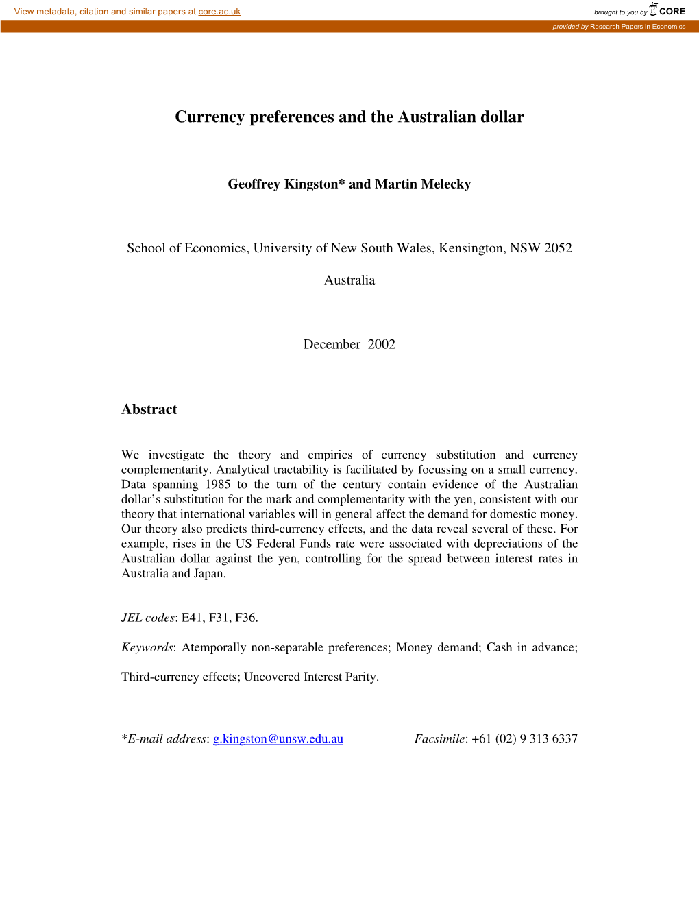 Currency Preferences and the Australian Dollar