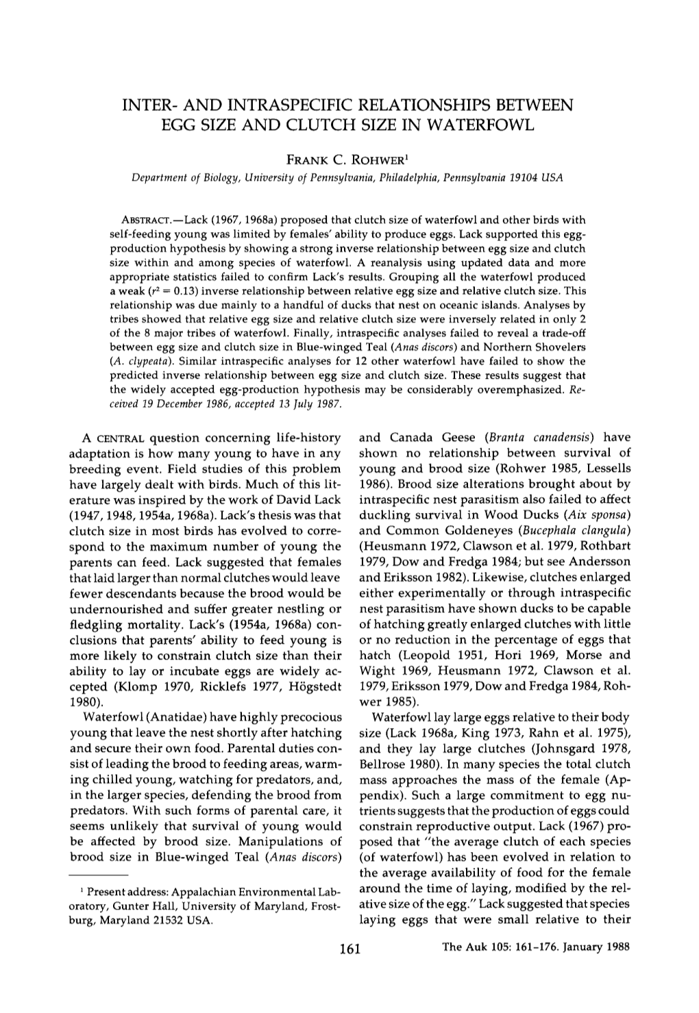 Inter- and Intraspecific Relationships Between Egg Size and Clutch Size in Waterfowl