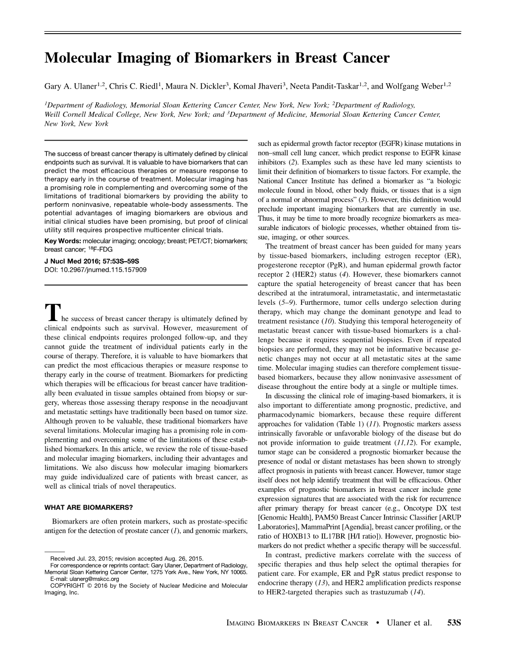 Molecular Imaging of Biomarkers in Breast Cancer