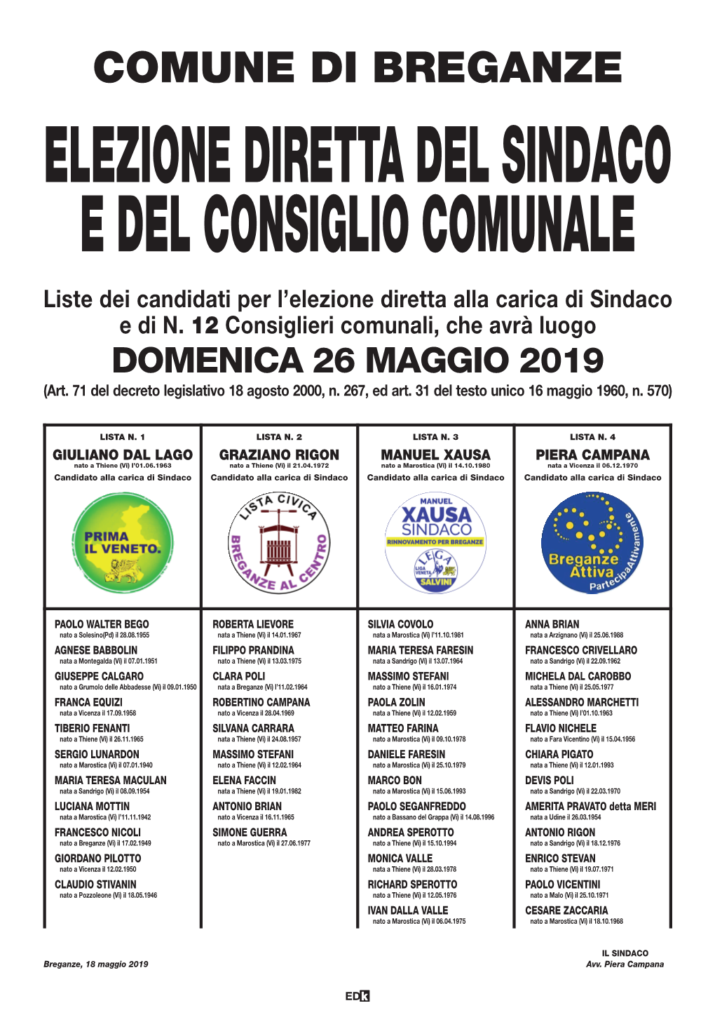 Liste Dei Candidati Per L'elezione Diretta Alla Carica Di Sindaco E Di N