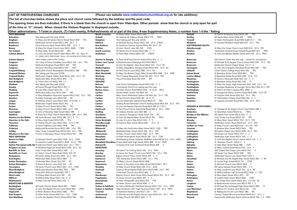 LIST of PARTICIPATING CHURCHES (Please See Website for Late Additions) the List of Churches