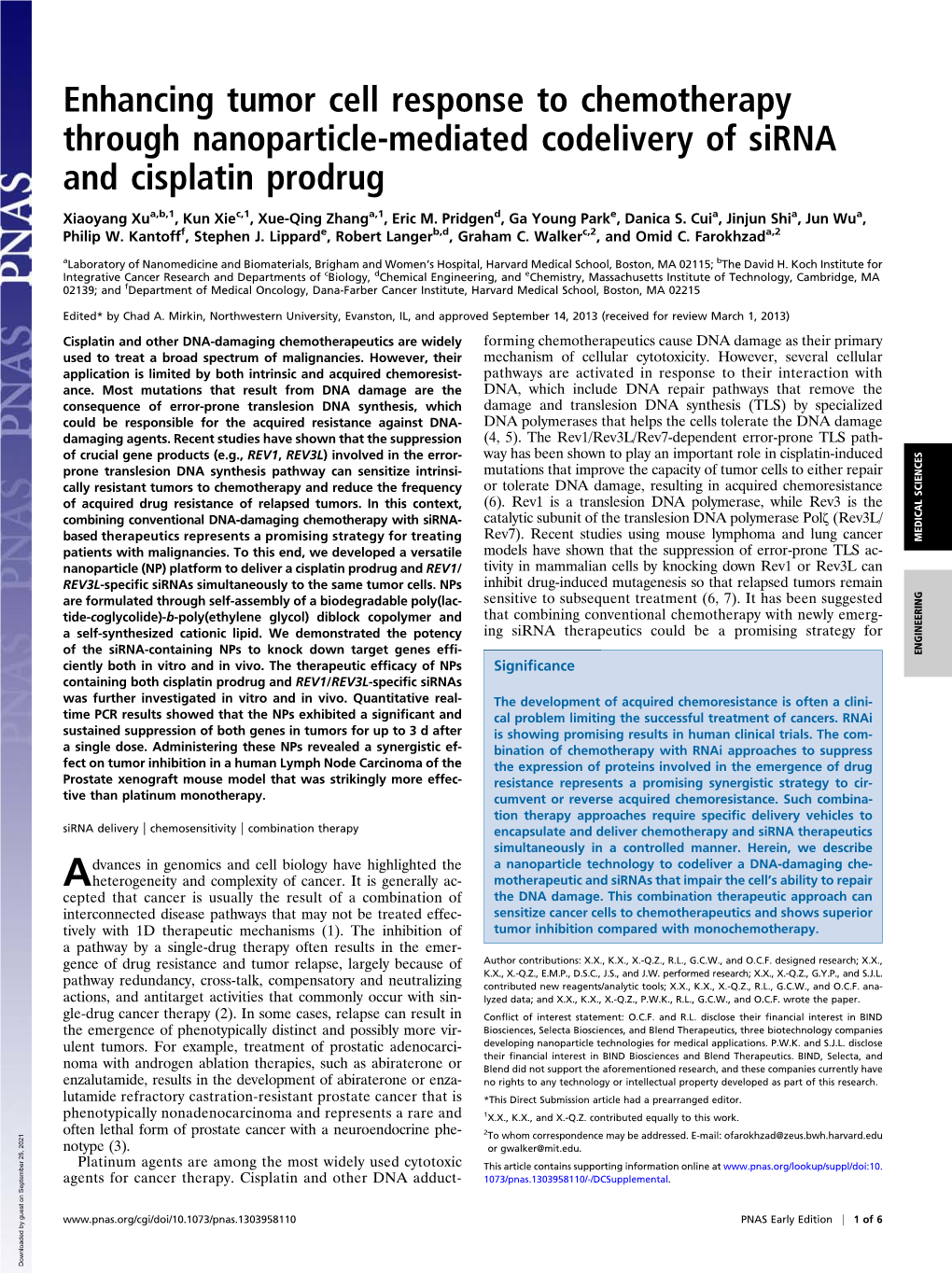 Enhancing Tumor Cell Response to Chemotherapy Through Nanoparticle-Mediated Codelivery of Sirna and Cisplatin Prodrug