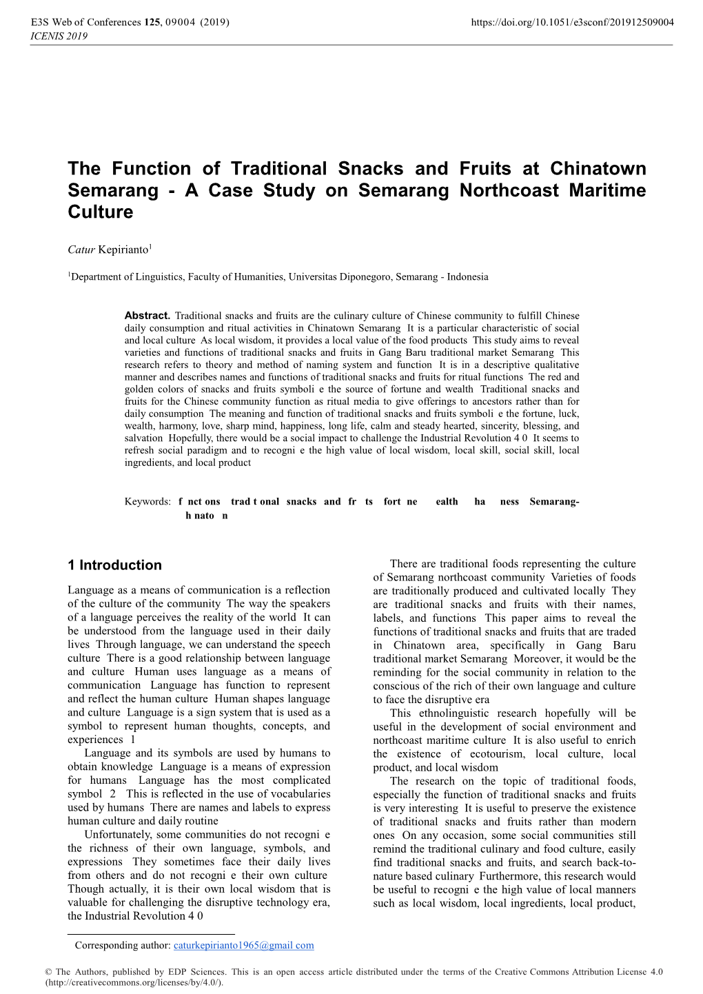 The Function of Traditional Snacks and Fruits at Chinatown Semarang - a Case Study on Semarang Northcoast Maritime Culture