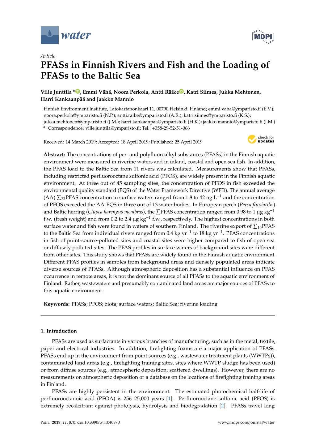 Pfass in Finnish Rivers and Fish and the Loading of Pfass to the Baltic Sea