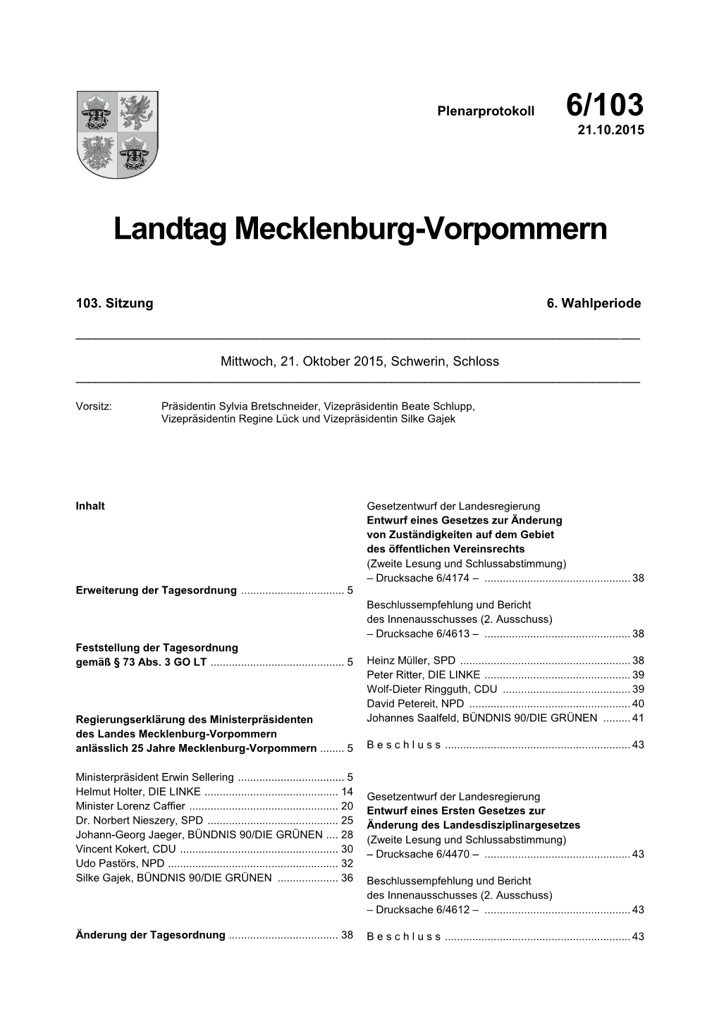6/103 Landtag Mecklenburg-Vorpommern