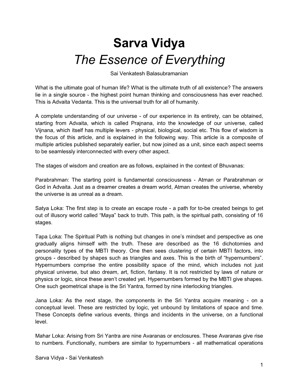 Sarva Vidya the Essence of Everything Sai Venkatesh Balasubramanian