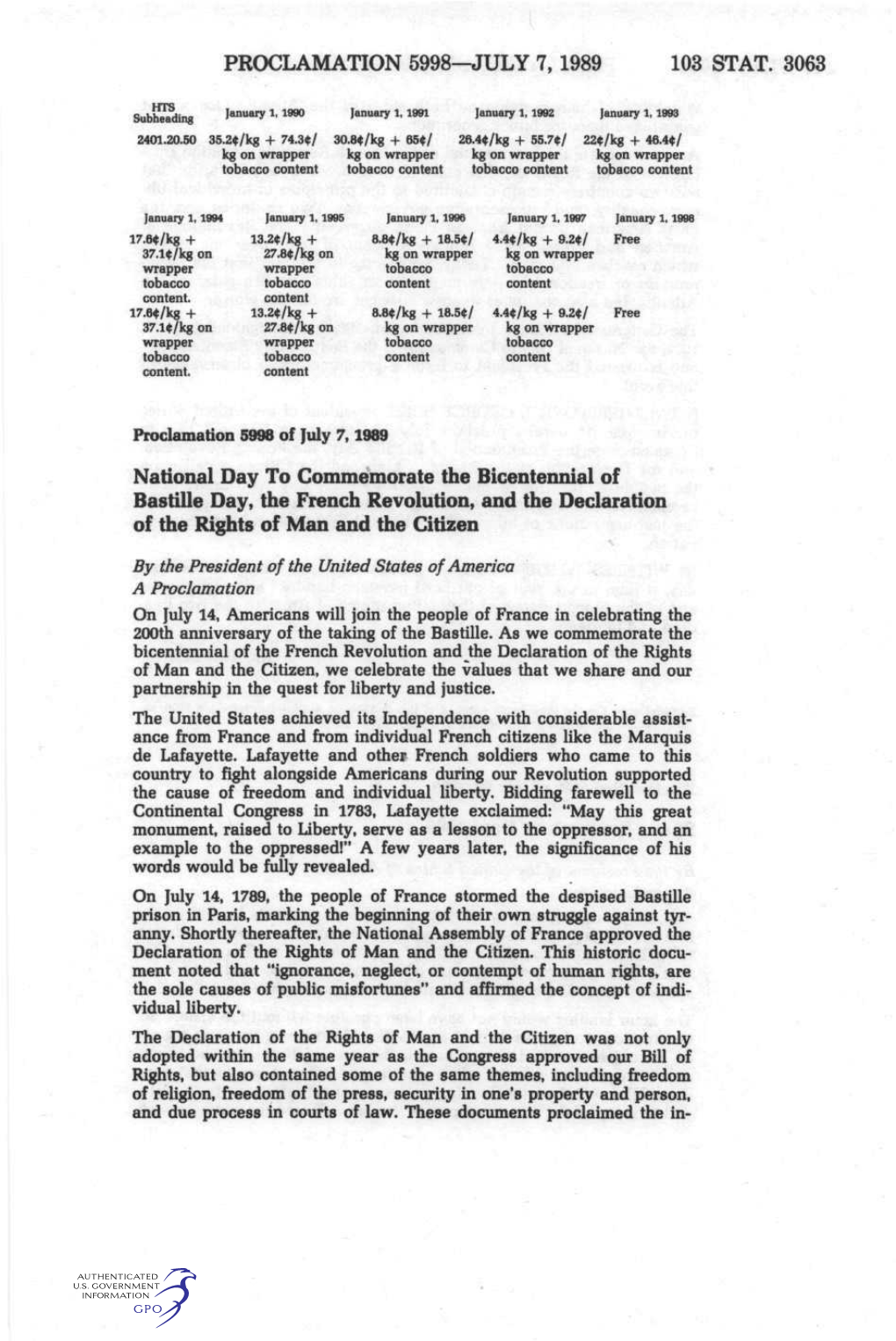 PROCLAMATION 5998—JULY 7, 1989 103 STAT. 3063 National Day