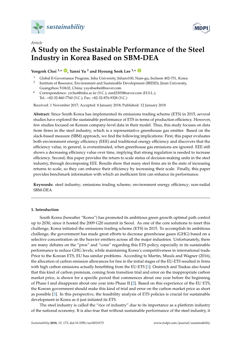 A Study on the Sustainable Performance of the Steel Industry in Korea Based on SBM-DEA