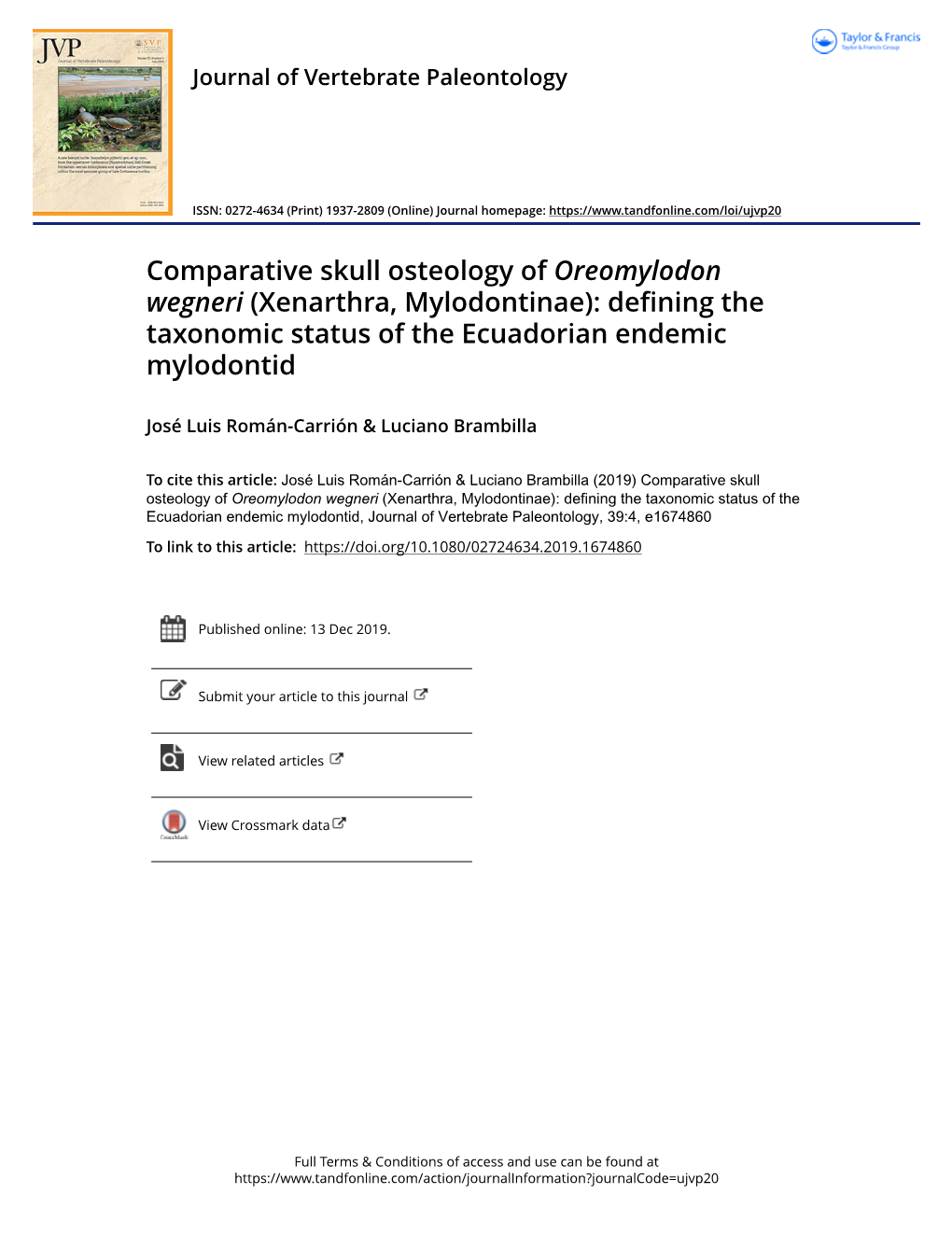 Comparative Skull Osteology of Oreomylodon Wegneri (Xenarthra, Mylodontinae): Defining the Taxonomic Status of the Ecuadorian Endemic Mylodontid