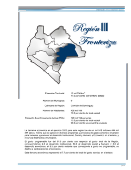 Región Iii Fronteriza C O N C E P T O 2003 % Desarrollo Institucional 44 624 566 2.3