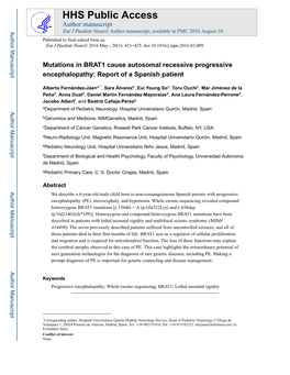 Mutations in BRAT1 Cause Autosomal Recessive Progressive Encephalopathy: Report of a Spanish Patient