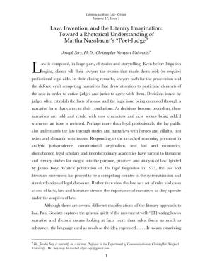 Law, Invention, and the Literary Imagination: Toward a Rhetorical Understanding of Martha Nussbaum’S “Poet-Judge”