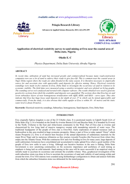 Application of Electrical Resistivity Survey to Sand Mining at Ewu Near the Coastal Area of Delta State, Nigeria