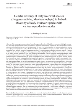 Genetic Diversity of Leafy Liverwort Species (Jungermanniidae, Marchantiophyta) in Poland: Diversity of Leafy Liverwort Species with Various Reproductive Modes
