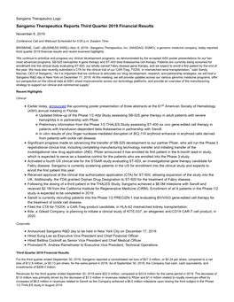 Sangamo Therapeutics Reports Third Quarter 2019 Financial Results