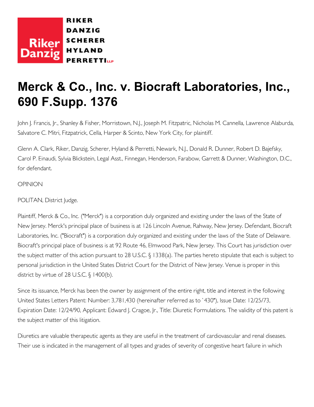 Merck & Co., Inc. V. Biocraft Laboratories, Inc