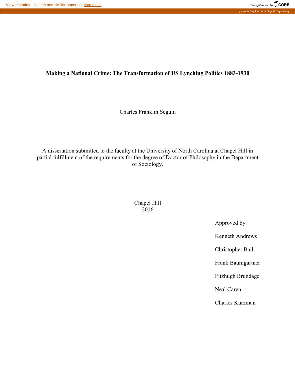 Making a National Crime: the Transformation of US Lynching Politics 1883-1930