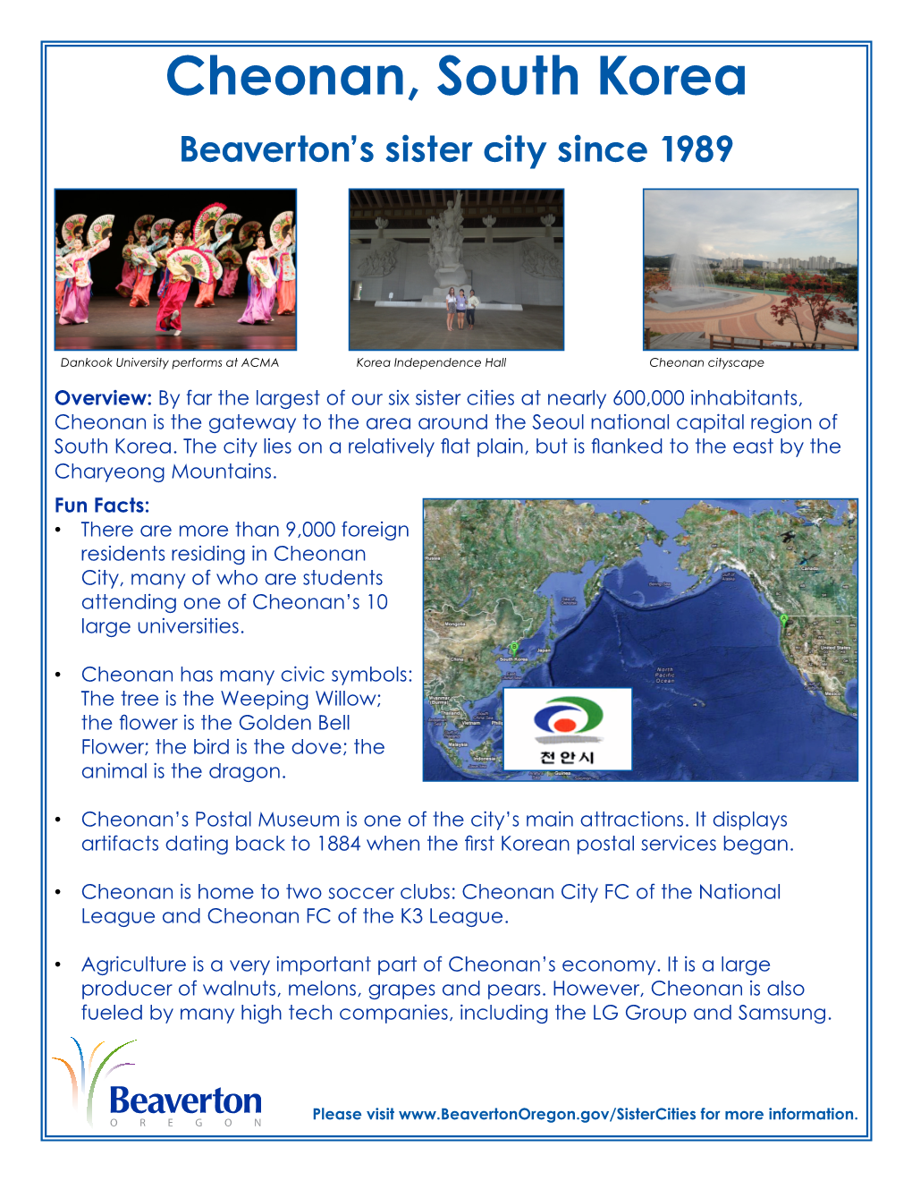 Cheonan, South Korea Beaverton’S Sister City Since 1989