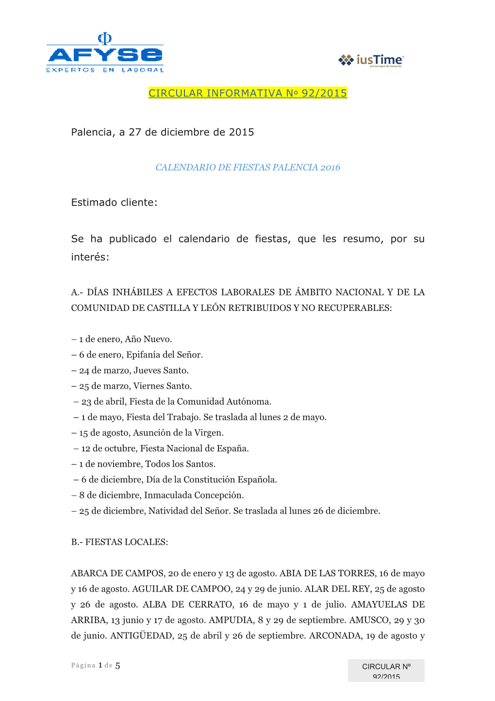 Circular Informativa 92-2015 Calendario De Fiestas Palencia-1