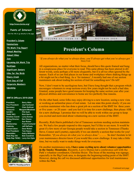 President's Column Benton Mackaye Trail Association