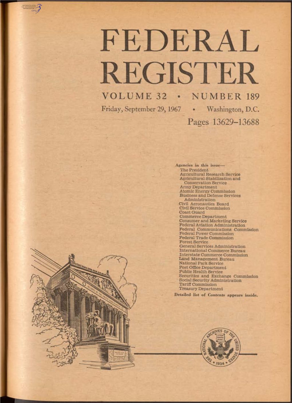 FEDERAL REGISTER VOLUME 32 • NUM BER 189 Friday, September 29, 1967 • Washington, D.C